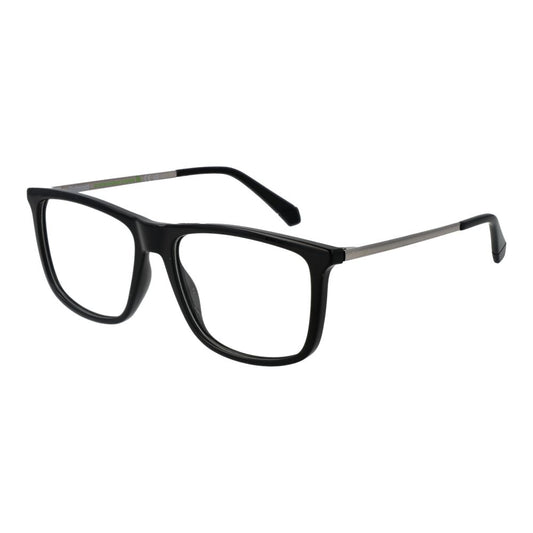 Polaroid Black Men Glasses Frame, full-rim rectangular polyester frame, black color, 55-0-145 size, with demo plastic lenses.
