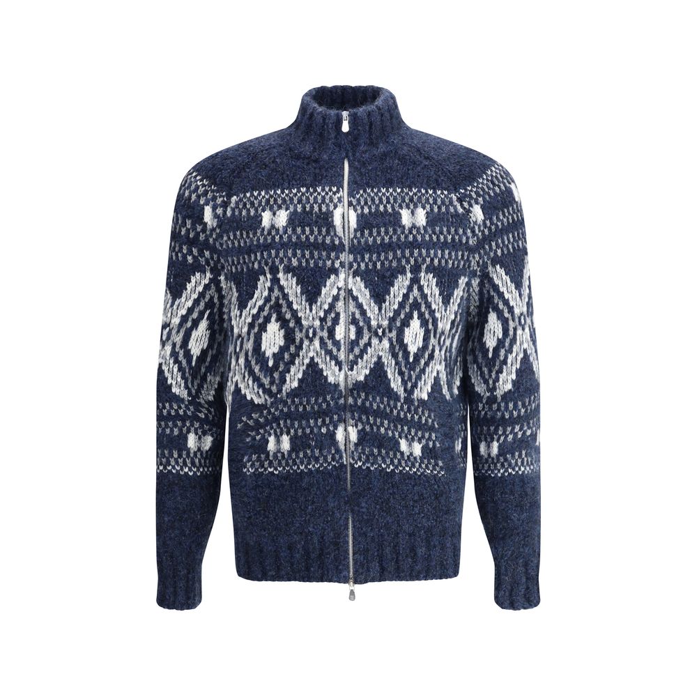 Brunello Cucinelli Blue Alpaca Vicugna Pacos Cardigan with geometric knit design and high collar, featuring a double-slider zipper.