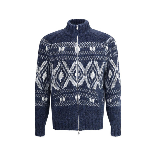 Brunello Cucinelli Blue Alpaca Vicugna Pacos Cardigan with geometric knit design and high collar, featuring a double-slider zipper.
