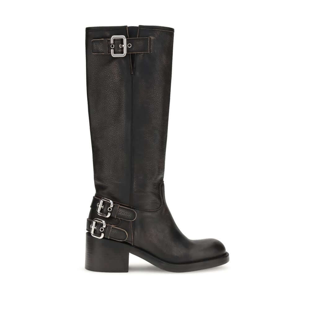 Chloé Black Calf Leather Bos Taurus Lace-Up Boots, Dakota biker style with silver buckles and tubular shaft, AW25 collection.