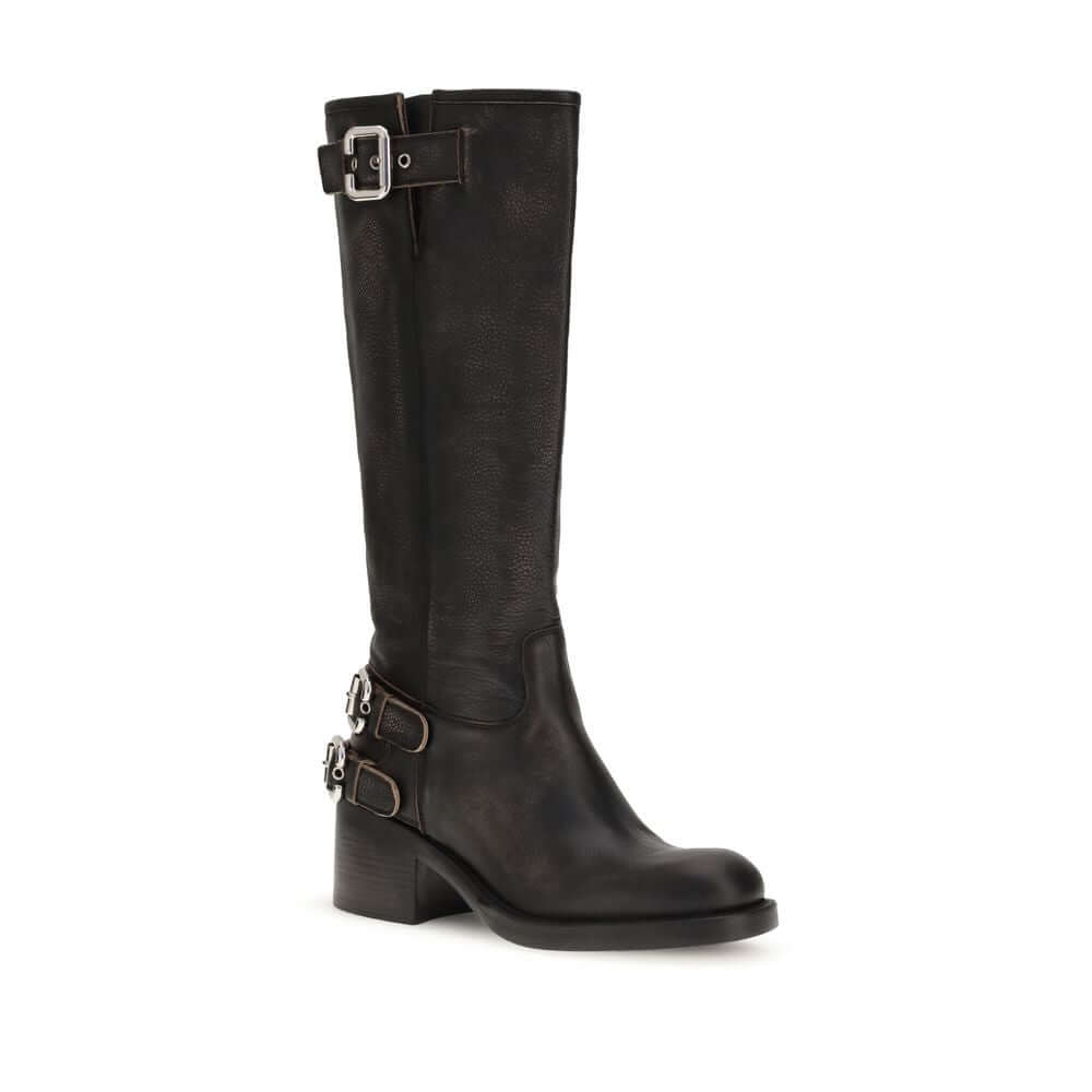 Chloé Black Calf Leather Bos Taurus Lace-Up Boots with silver buckles and rubber-laminated heel, showcasing tubular shaft design.