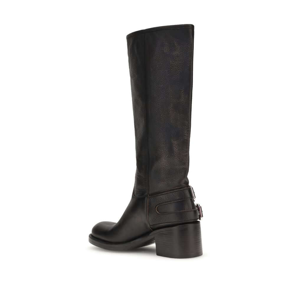 Chloé Black Calf Leather Bos Taurus Lace-Up Boots, knee-high with Paddington buckles and tubular shaft, side view.
