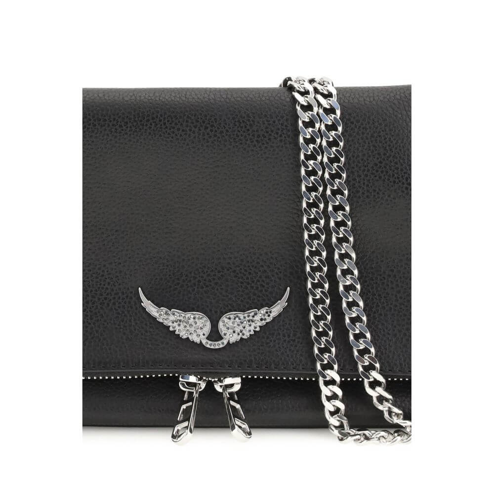 Zadig & Voltaire Black Leather Shoulder Bag with Chain Strap and Wing Logo