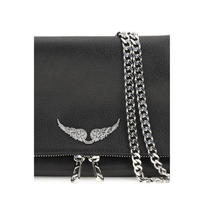 Zadig & Voltaire Black Leather Shoulder Bag with Chain Strap and Wing Logo