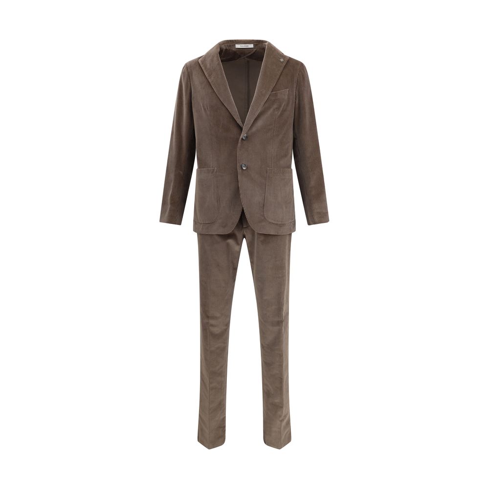 Tagliatore Brown Cotton Two-Piece Suit featuring retro style corduroy blazer with notched lapels and straight-leg trousers.