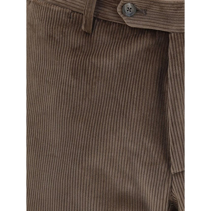 Close-up of corduroy fabric on the Tagliatore Brown Cotton Two-Piece Suit trousers.