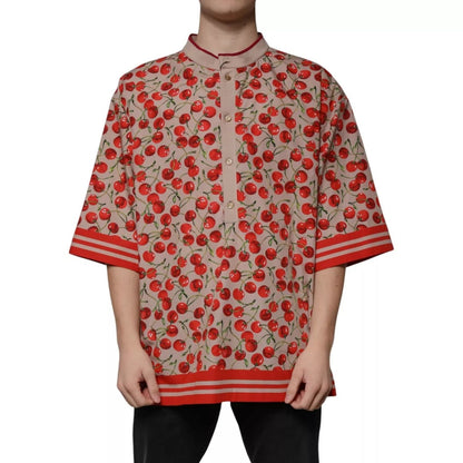 Dolce & Gabbana Beige Cherry Nylon Buttoned Casual Shirt