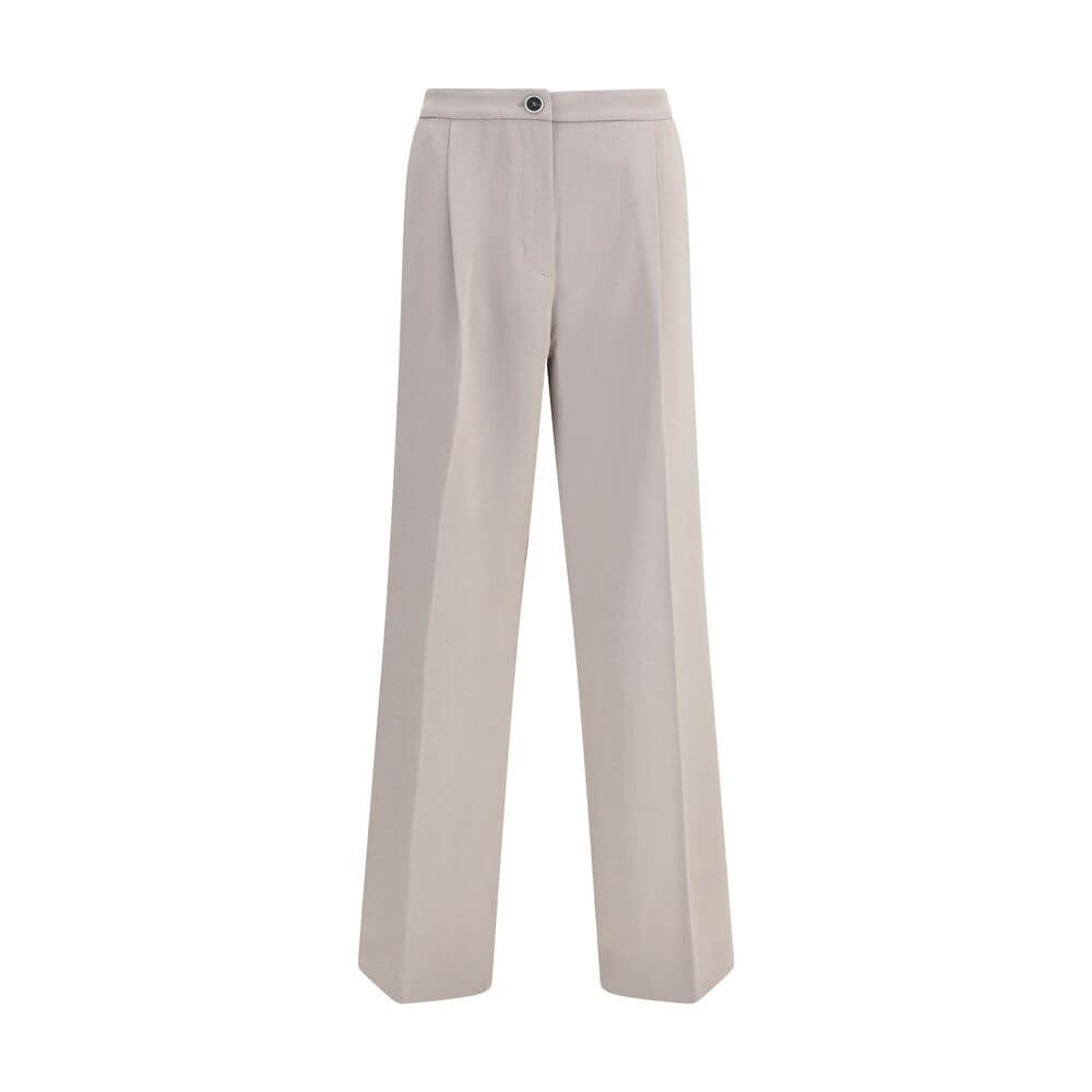 Cruna Beige Polyester Casual Pants with wide leg silhouette, front zip and button, side slash pockets, and welt back pockets.