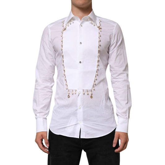Dolce & Gabbana White Cotton DG Logo Pearl Chain Formal Shirt