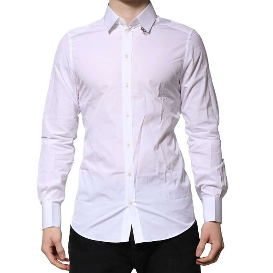 Dolce & Gabbana White Cotton GOLD Long Sleeves Formal Shirt with gold accents, slim fit, button closure, ideal for elegant formal settings.