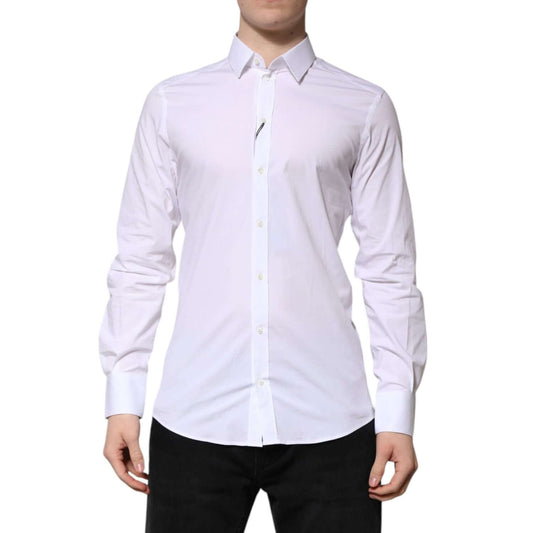 Dolce & Gabbana White Cotton GOLD Long Sleeves Formal Shirt with slim fit, showcasing luxury tailoring and subtle gold detailing.