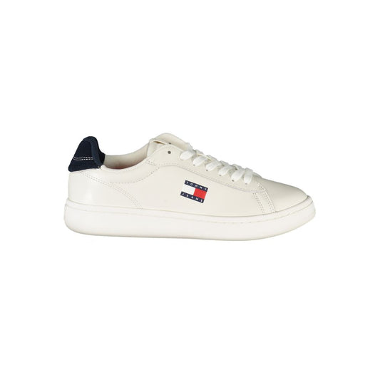 Tommy Hilfiger White Leather Women Sneaker with blue accents and logo, side view.
