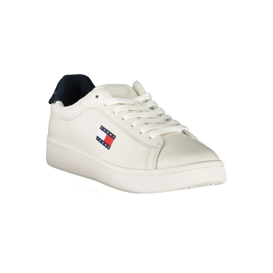 Tommy Hilfiger White Leather Women Sneaker with logo and blue accents, featuring a removable footbed for comfort.