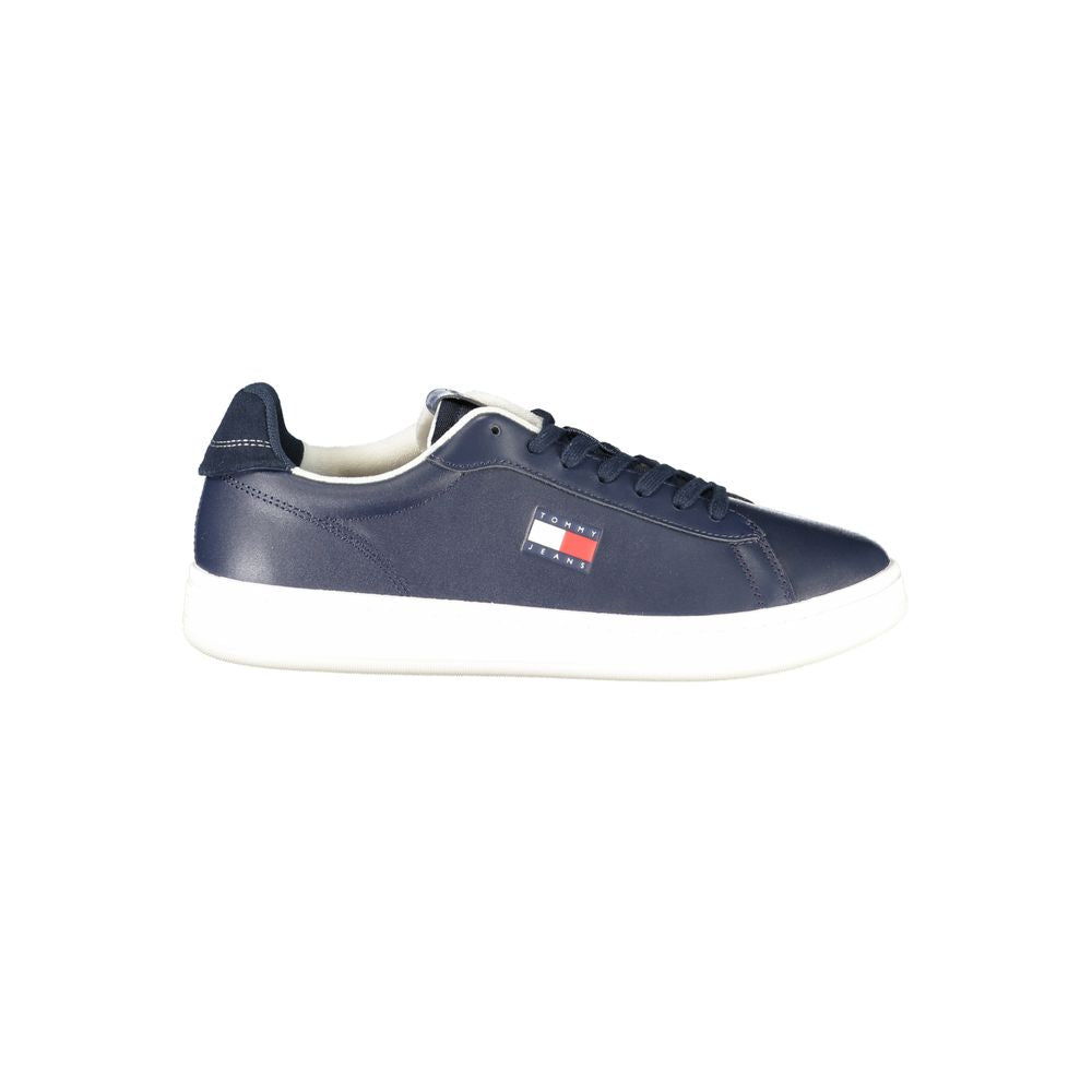 Tommy Hilfiger Blue Leather Men Sneaker with logo and white sole, showcasing sleek design and premium craftsmanship for stylish comfort.