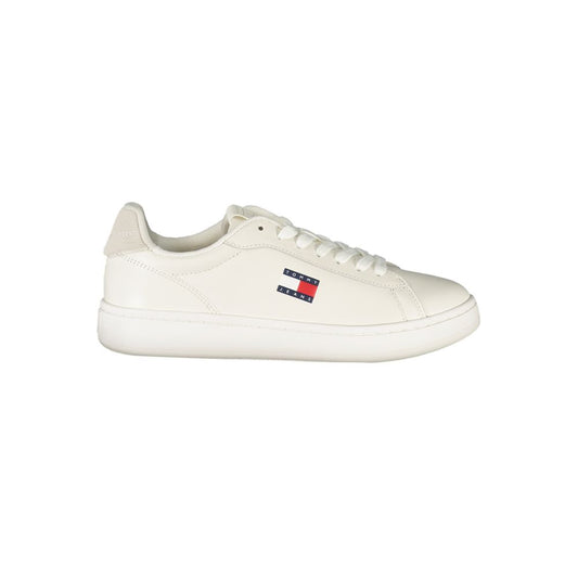 Tommy Hilfiger White Leather Women Sneaker with logo, offering sporty luxury and customizable support for stylish comfort.