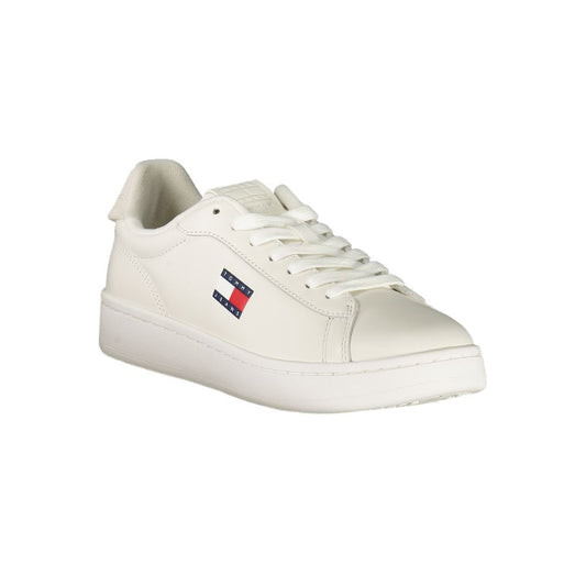 Tommy Hilfiger White Leather Women Sneaker with logo, featuring stylish design and comfortable fit for fashion-forward individuals.