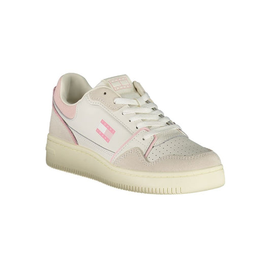 Tommy Hilfiger White Leather Women Sneaker with pink accents, side view of sports shoe showcasing trendy design and comfortable footbed.