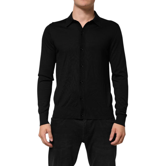 Dolce & Gabbana Black Silk Button Up Lightweight Sweater, luxury men's fashion, pure silk, regular fit, black button-down.