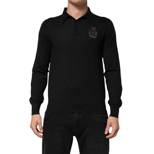 Dolce & Gabbana Black Cashmere Polo Men Longsleeves Sweater with embroidered logo, classic collar, and regular fit, worn by model.