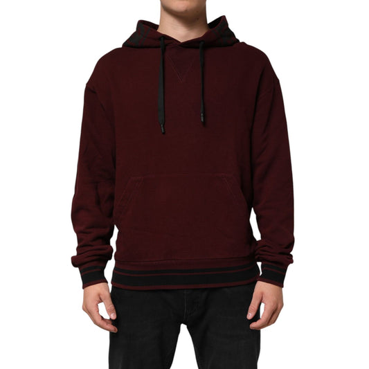 Dolce & Gabbana Burgundy Cotton Plaid Lined Men Hoodie Sweater with drawstrings and kangaroo pocket