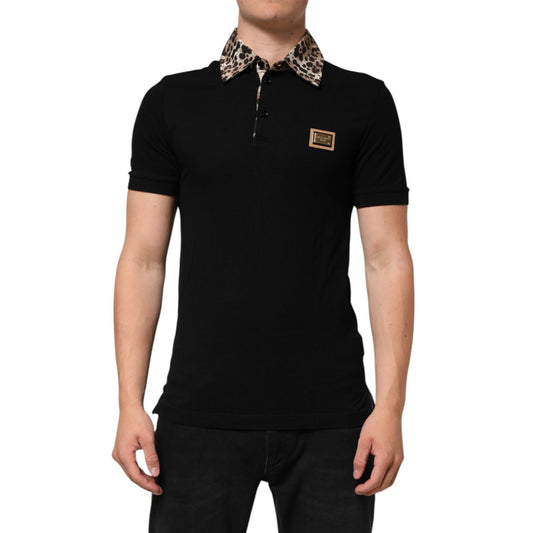 Dolce & Gabbana Black Cotton Leopard Collar Polo T-shirt, slim-fit with logo patch, featuring a unique leopard print collar.