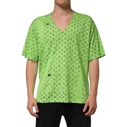 Dolce & Gabbana Green V-Neck DG Logo Heart Print T-shirt