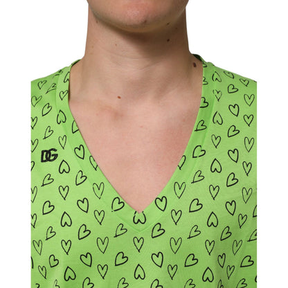Dolce & Gabbana Green V-Neck DG Logo Heart Print T-shirt