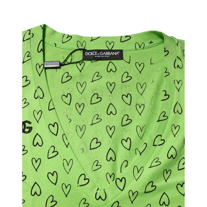 Dolce & Gabbana Green V-Neck DG Logo Heart Print T-shirt