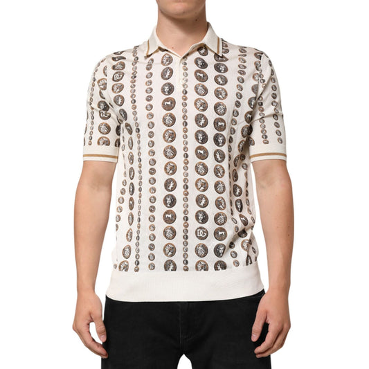 Model wearing Dolce & Gabbana Silk Ivory Coin Print Logo Men Polo T-shirt, displaying front view with classical coin patterns