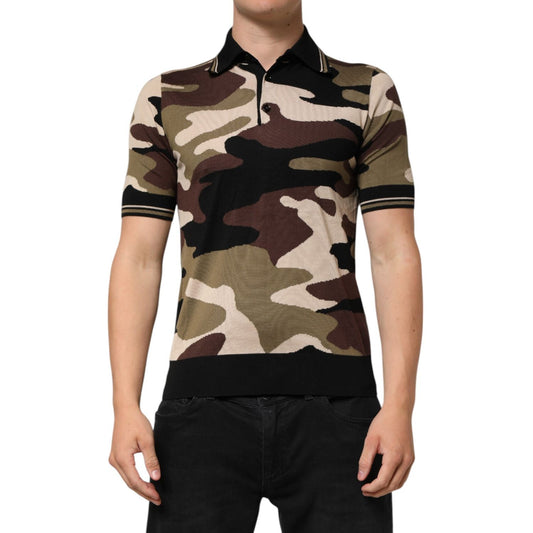 Man wearing Dolce & Gabbana Camouflage Brown Silk MilitaryPolo T-shirt with short sleeves and camouflage print.