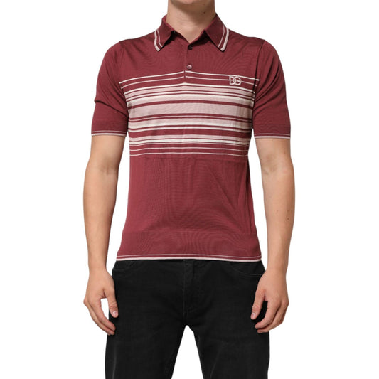 Dolce & Gabbana Cotton Burgundy Striped DG Logo Polo T-shirt on model, short sleeves, premium cotton-silk blend, regular fit.