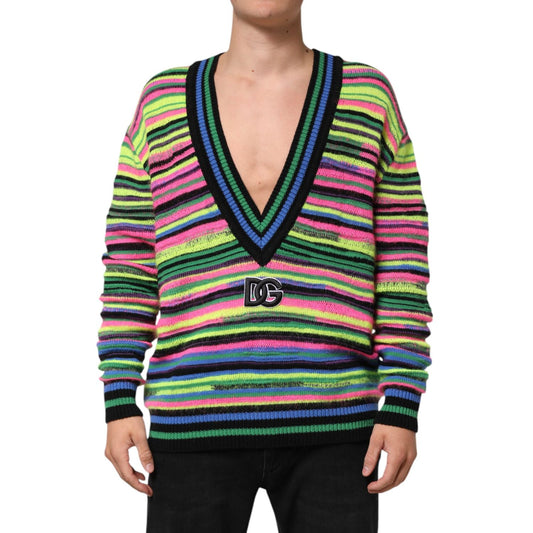 Dolce & Gabbana Multicolor DG Logo V-Neck Knit Pullover Sweater featuring vibrant stripes and bold logo patch.