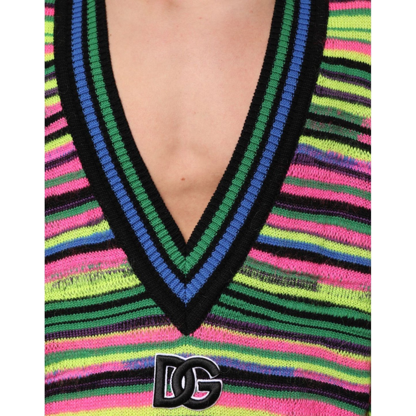 Dolce & Gabbana Multicolor DG Logo V-Neck Knit Pullover Sweater with stripes and logo detail.