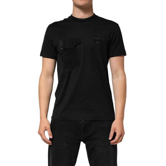 Dolce & Gabbana Black Cotton Embroidered DG Logo Pocket T-shirt on model, short sleeves, regular fit, Italian-made