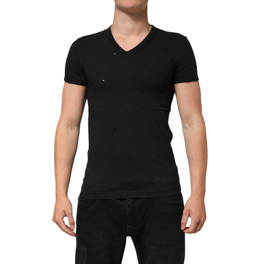 Dolce & Gabbana Black Cotton Tattered Logo V-Neck Men T-shirt on model displaying front view.