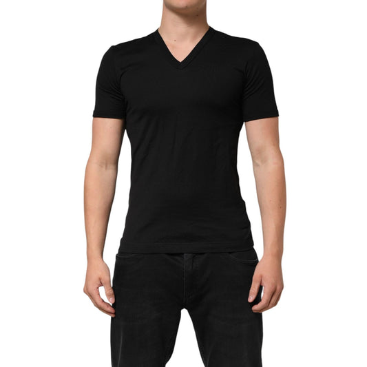 Model wearing Dolce & Gabbana Black Cotton Plain V-Neck Men Shirt T-shirt, short sleeves, regular fit, made in Italy.