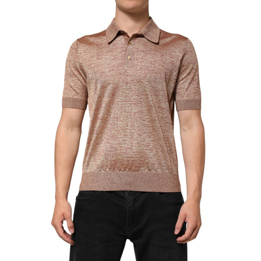 Dolce & Gabbana Brown Silk Textured Short Sleeve Polo T-shirt on male model