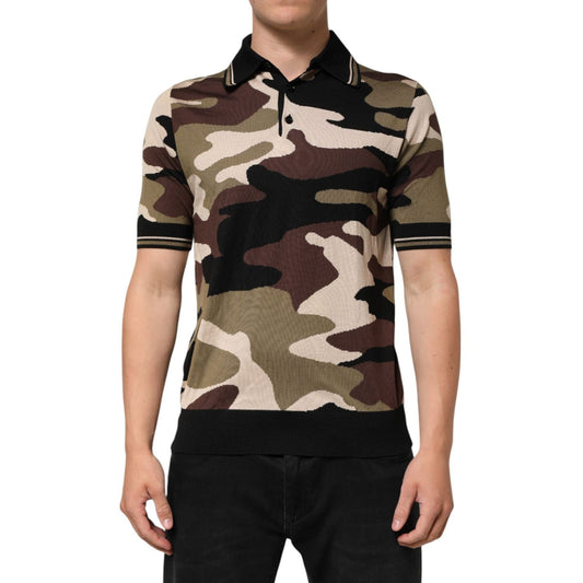Dolce & Gabbana Camouflage Brown Silk Military Polo T-shirt with short sleeves, regular fit, luxury silk fabric, and bold pattern.