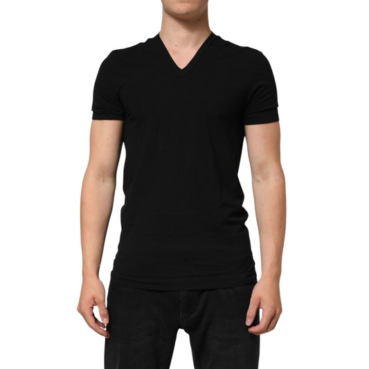 Dolce & Gabbana Black Cotton Slim Fit Men V-Neck Shirt T-shirt in premium stretch cotton, designed in Italy, regular fit, logo detail.