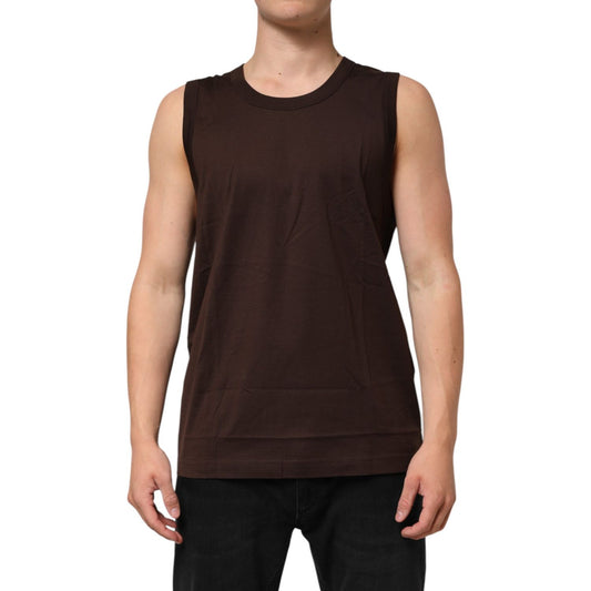 Dolce & Gabbana Brown Cotton Sleeveless Underwear Men Tank Top modeled, highlighting premium quality and comfort.
