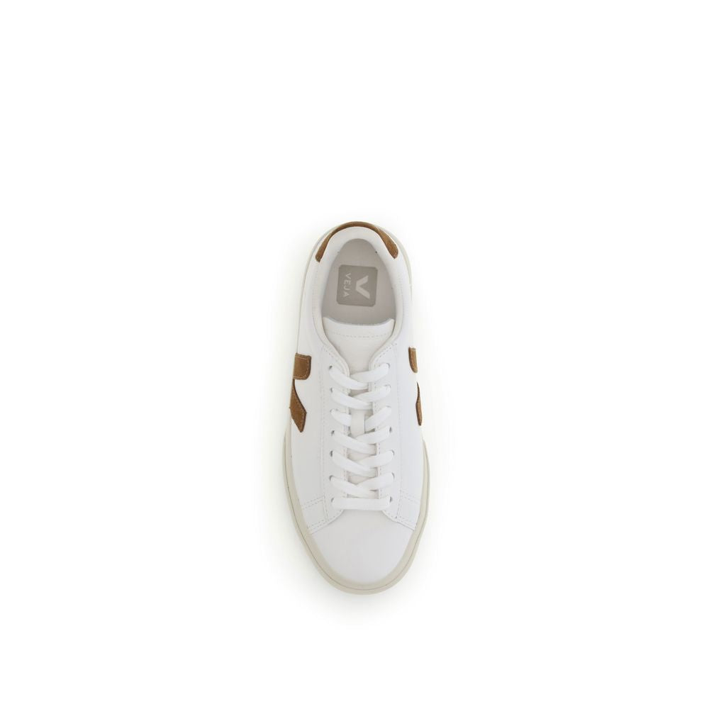 Top view of Veja White Leather Low Top Sneakers with lace-up closure and side-stitched 'V' logo, sustainable design, flat rubber sole.