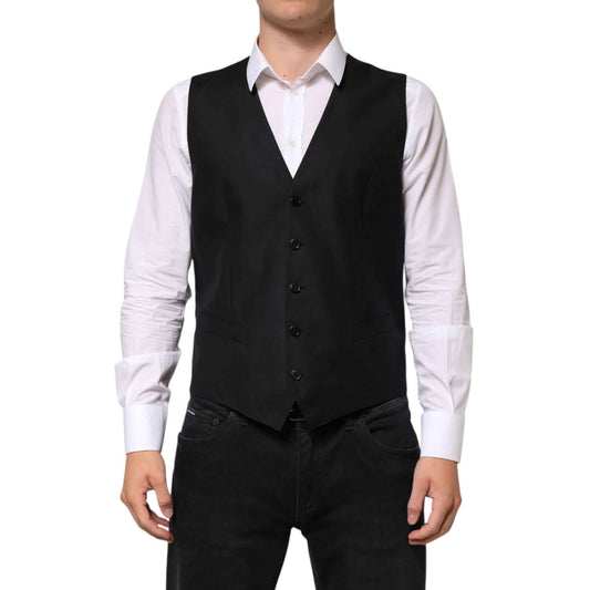 Dolce & Gabbana Black Wool Dress Formal Men Waistcoat Vest, classic style perfect for weddings and business, adjustable strap, premium quality.