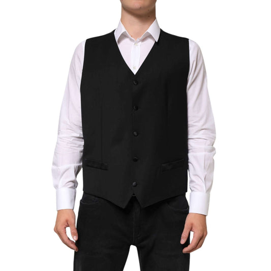 Dolce & Gabbana Black Wool Dress Formal Men Waistcoat Vest styled on a model, showcasing formal attire with adjustable strap.