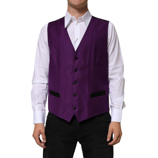 Dolce & Gabbana Purple Wool Dress Formal Waistcoat Vest on model, tailored fit with adjustable back, ideal for weddings or business wear.