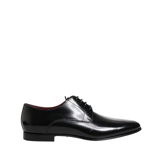 Dolce & Gabbana Men Dress Black Calfskin Leather Derby Shoes, Italian-crafted with elegant almond toe and lace-up closure.