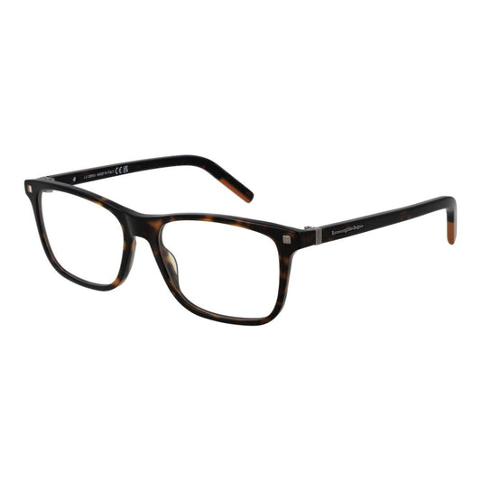 Ermenegildo Zegna Brown Men Glasses Frame in acetate full-rim rectangle style with demo plastic lenses, size 56-17-145.