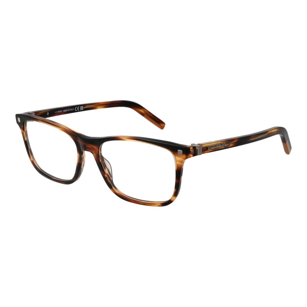 Ermenegildo Zegna Brown Men Glasses Frame, acetate full-rim rectangular design, size 56-17-145, with demo lenses in branded case.