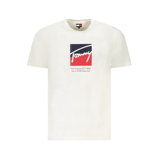 Tommy Hilfiger White Cotton Men T-Shirt with logo design and classic crew neck style displayed front view.