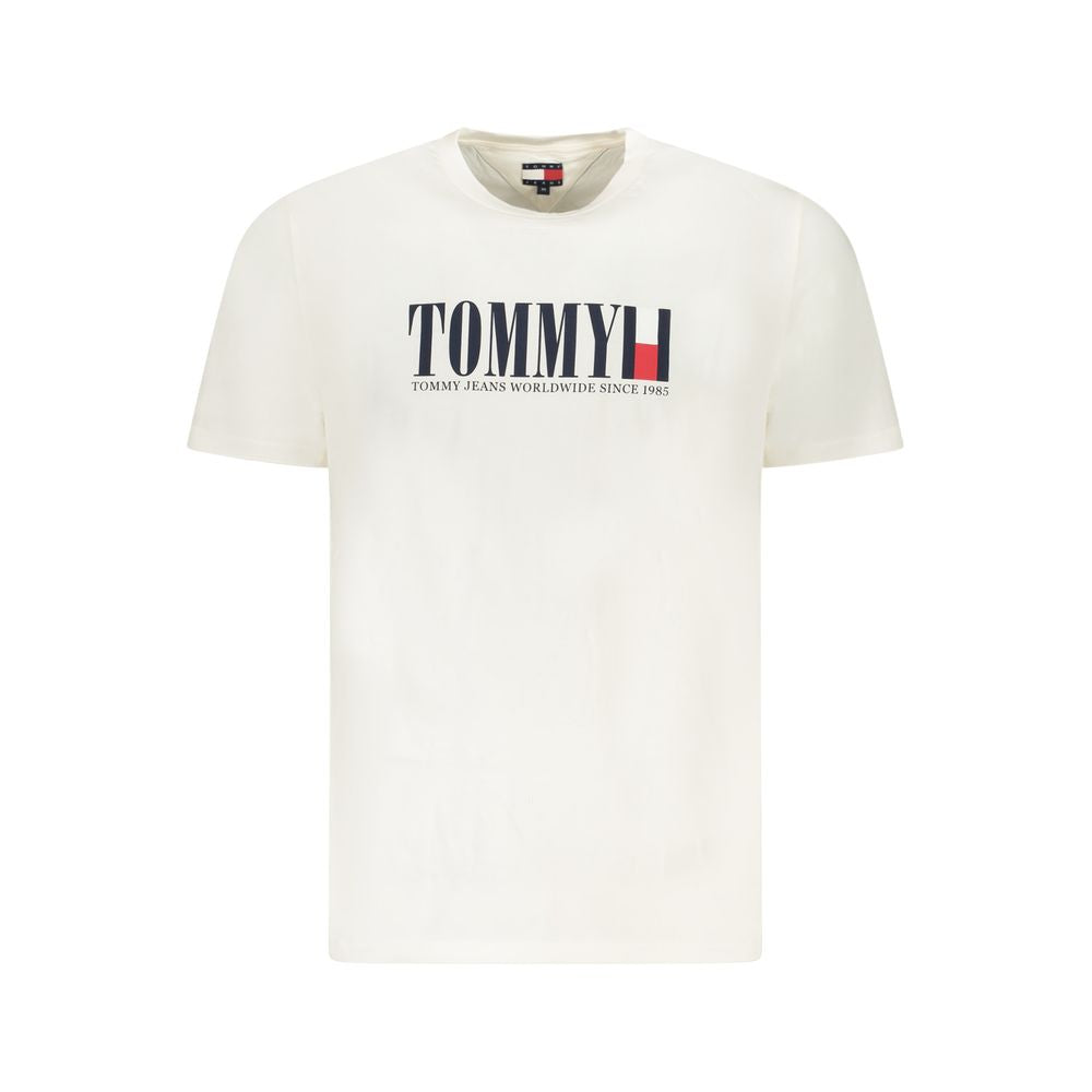 Tommy Hilfiger White Cotton Men T-Shirt with logo and bold print, eco-friendly regenerative cotton, stylish crew neck tee