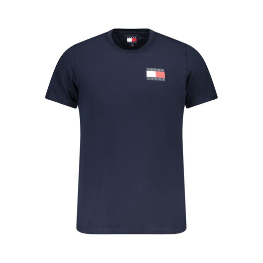Tommy Hilfiger Blue Cotton Men T-Shirt with logo and eye-catching print, crafted from 95% regenerative cotton for bold style and sustainability.